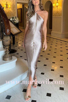 Margovil Halter Sleeveless Draped Fringe Bodycon Maxi Dress