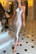 Margovil Halter Sleeveless Draped Fringe Bodycon Maxi Dress