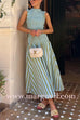 High Neck Sleeveless Smocked Bodice Striped Midi Dress