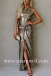 Halter Open Back Twist Front Slit Metallic Maxi Dress