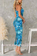 One Shoulder Ruched Back Slit Floral Print Bodycon Midi Dress