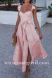 Margovil Ruffled Shoulder Bow Knot Waist Slit Printed Vintage Party Dress