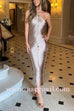 Margovil Halter Sleeveless Draped Fringe Bodycon Maxi Dress