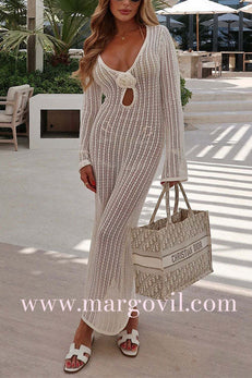 Margovil V Neck Long Sleeves Backless Crochet Hollow Out Knit Maxi Dress