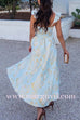 Margovil Ruffled Shoulder Bow Knot Waist Slit Printed Vintage Party Dress