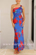 One Shoulder Back Cut Out Floral Print Satin Maxi Dress