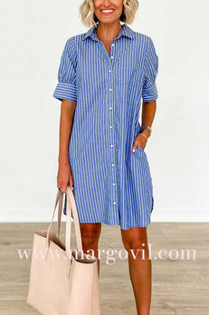 Button Down Short Sleeves Striped Shirt Dress