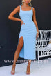 Square Collar High Slit Bodycon Midi Cami Dress