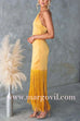 Margovil Halter Neck Patchwork Fringe Hem Satin Maxi Dress