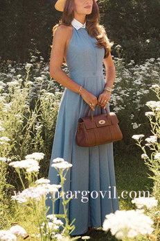 Lapel Sleeveless Open Back Waisted Maxi Dress