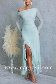 Asymmetric Shoulder Long Sleeves Slit Ruffle Maxi Dress
