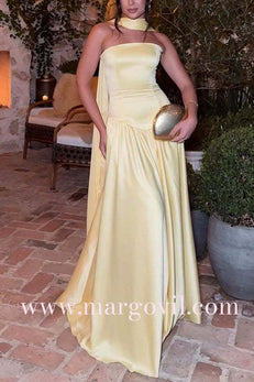 Strapless Drop Waist Satin Swing Maxi Dress