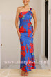 One Shoulder Back Cut Out Floral Print Satin Maxi Dress