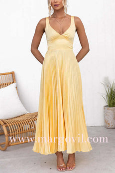 V Neck Backless Cut Out Pleated Maxi Cami Dress