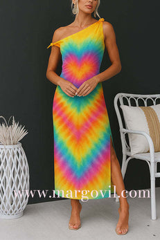 Tie Knot One Shoulder Side Slit Rainbow Maxi Dress