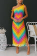 Tie Knot One Shoulder Side Slit Rainbow Maxi Dress
