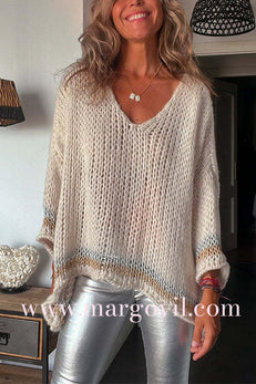 Margovil V Neck Long Sleeve Hollow Out Cozy Sweater