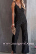 Margovil V Neck Waisted Wide Leg Cami Lace Jumpsuit