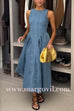 Margovil Open Back Sleeveless A-line Denim Maxi Dress