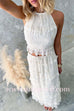Margovil Halter Backless Ruffle Crop Top and Tiered Maxi Skirt Chiffon Set