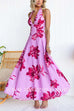 Halter V Neck Back Lace-up Floral Print Swing Maxi Dress