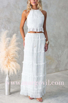 Margovil Halter Backless Ruffle Crop Top and Tiered Maxi Skirt Chiffon Set