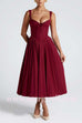 Drawstring V Neck Lace-up Back Pleated Midi Cami Dress