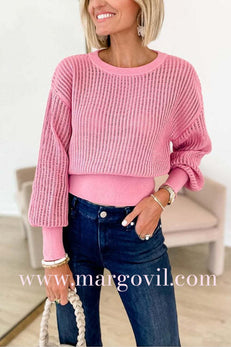 Crewneck Back Cut Out Splice Knitting Sweater