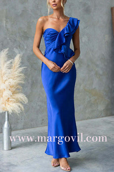 Ruffle One Shoulder Satin Maxi Party Dress