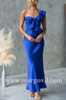 Ruffle One Shoulder Satin Maxi Party Dress