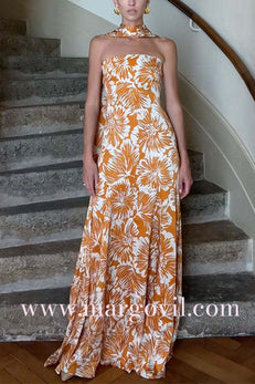 Strapless Tube Floral Print Swing Maxi Dress