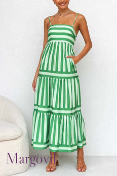 Margovil Spaghetti Strap Tiered Color Block Striped Maxi Dress