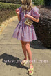 Puff Sleeves Button Up Drawstring Waist Gingham Mini Dress