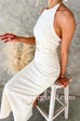 Halter Sleeveless Back Slit Waisted Maxi Dress
