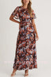 Crewneck Flare Sleeves Ruched Print Maxi Dress