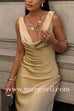 Cowl Neck Sleeveless Open Back Satin Maxi Party Dress