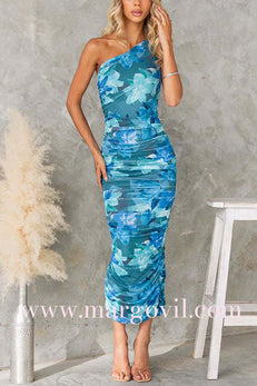 One Shoulder Ruched Back Slit Floral Print Bodycon Midi Dress