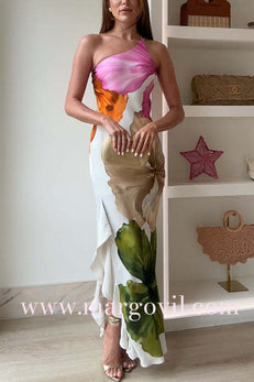 One Shoulder Side Draped Ruffle Slit Floral Print Maxi Dress
