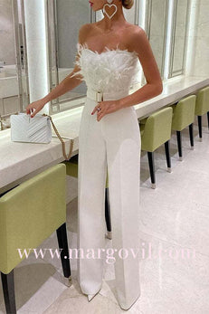 Margovil Off Shoulder Feather Splice Belted Jumpsuit