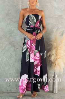 Strapless Tie Waist Wide Leg Floral Print Jumpsuit