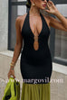 Margovil Halter Open Back Cut Out Slit Ruffle Maxi Dress