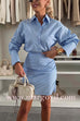 Margovil Long Sleeves Button Up Striped Mini Shirt Dress