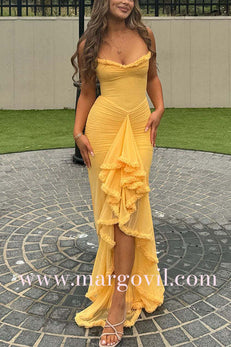 Margovil Spaghetti Strap Frill Trim Draped Slit Maxi Dress