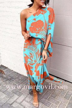 Margovil Casual One Shoulder Side Split Printed Dress