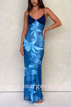 Spaghetti Strap Orchid Print Bodycon Maxi Dress