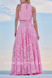 Margovil Lace Hollow Out Crewneck Crop Tank Top High Waist Maxi Swing Skirt Set