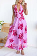 Halter V Neck Back Lace-up Floral Print Swing Maxi Dress