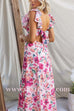 Ruffle Trim Bow Back Cut Out Floral Print Swing Maxi Dress