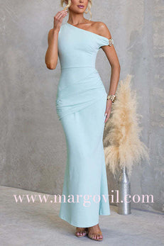 One Shoulder Ruched Bodycon Maxi Dress with Gold Spiral Accent