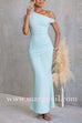 One Shoulder Ruched Bodycon Maxi Dress with Gold Spiral Accent